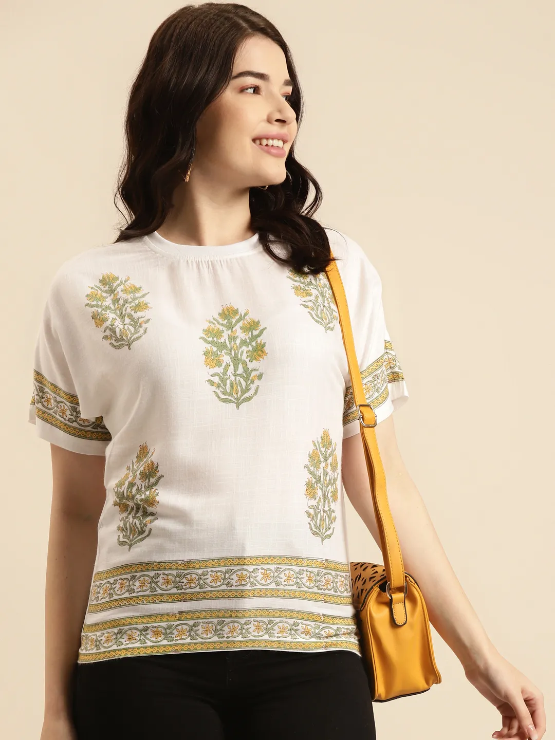 White & Yellow Floral Print Casual Regular Top