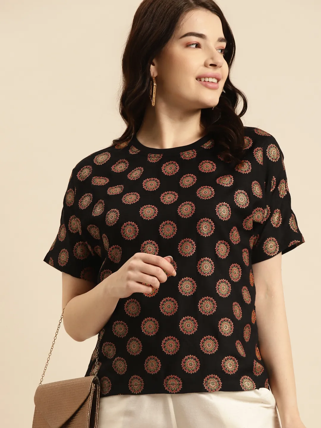 Handblock Print Round Neck Top