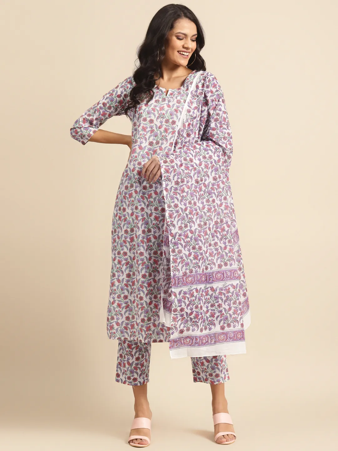 Floral Printed A-Line Kurta with Trousers & Dupatta