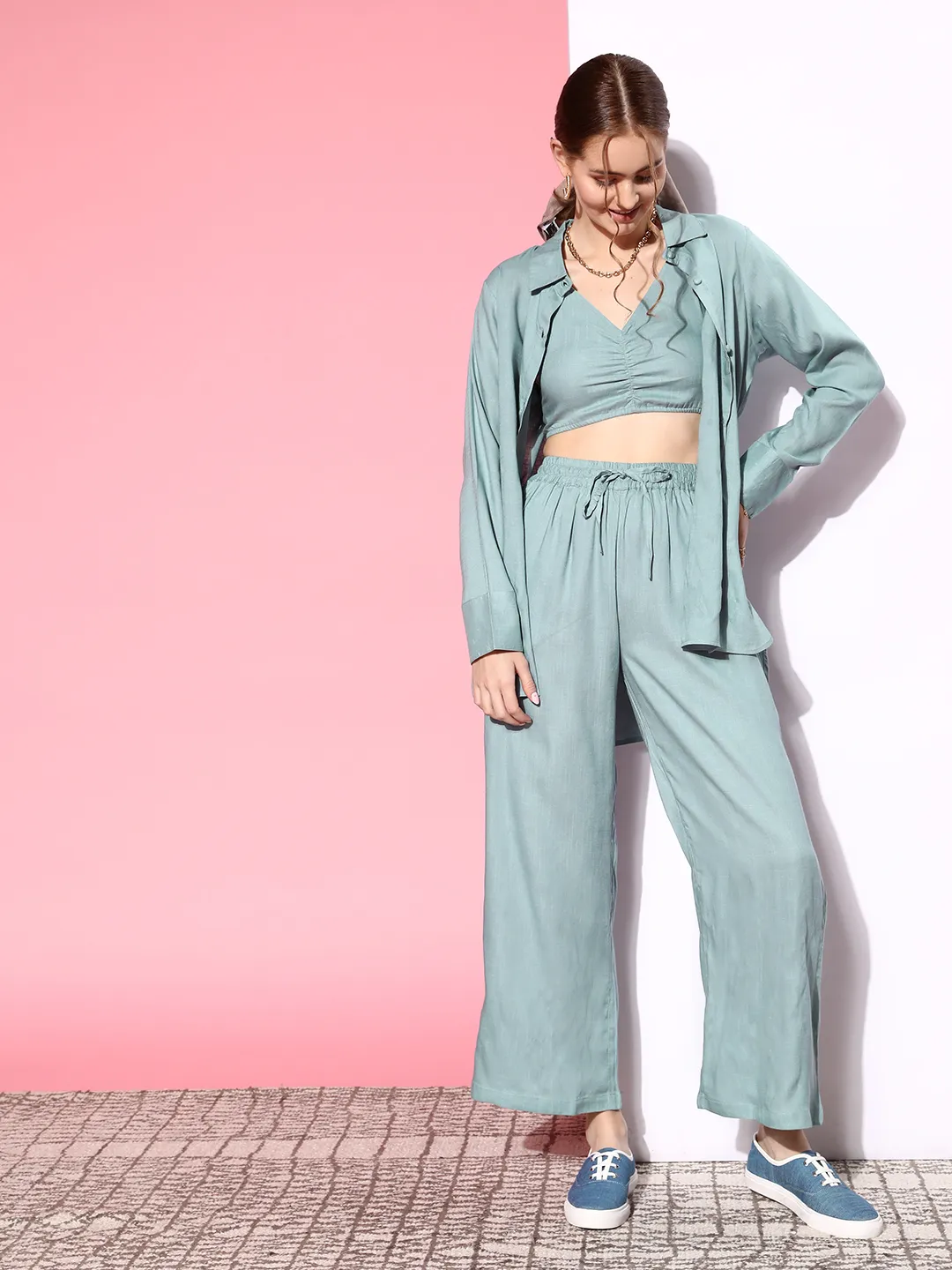Shirt Collar Crop Top Pant Set With Overlay